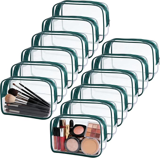 12 Pieces Clear Makeup Bags Bulk, TSA Approved Toiletry Bag PVC Cosmetic Toiletries Pouch with Zipper, Waterproof Vinyl Plastic Organizer Case for Carry-on Travel Essentials (Green Medium)