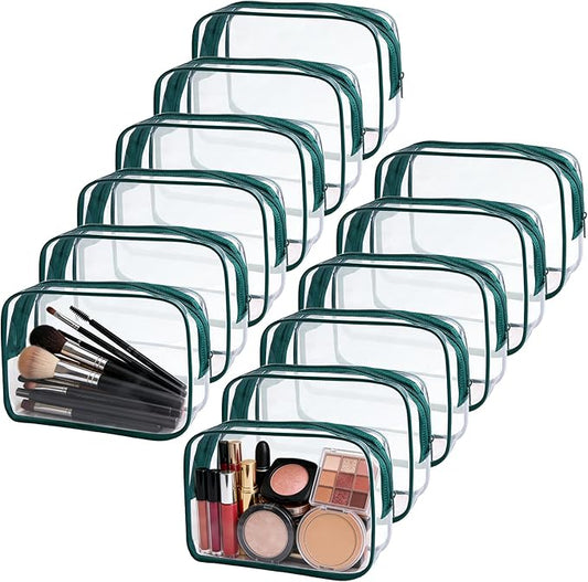 12 Pieces Clear Makeup Bags Bulk, TSA Approved Toiletry Bag PVC Cosmetic Toiletries Pouch with Zipper, Waterproof Vinyl Plastic Organizer Case for Carry-on Travel Essentials (Green Medium)