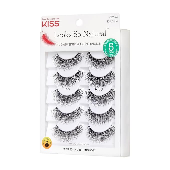 KISS Looks So Natural False Eyelashes Multipack, Lightweight & Comfortable, Tapered End Technology, Reusable, Cruelty-Free, Contact Lens Friendly, Style 'Flirty', 5 Pairs Fake Eyelashes Black