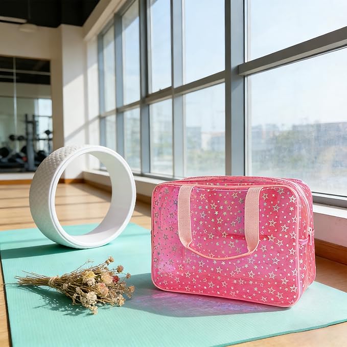 Clear Star Large Cosmetic Bag and Travel Pouch with Handle,Durable Material,Zipper Design-Ideal for Makeup,Travel Essentials (Pink+Shiny Star)