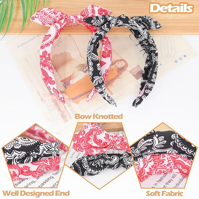 Bow Headbands for Girls,Thin Headband with Bow Women Hair Accessories Fashion Knotted Head Band Non Slip Hairband Hair Hoops for Paisley(Red and Black, 2Pcs)