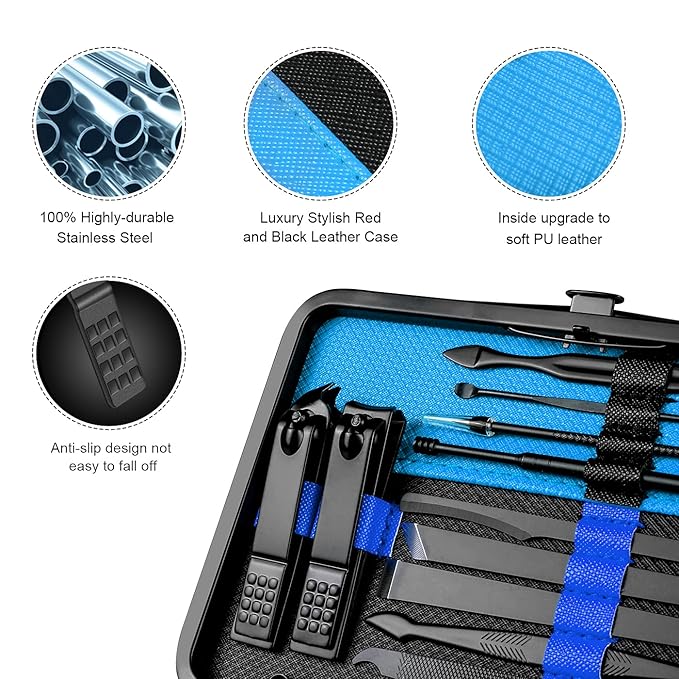 Professional Stainless Steel Nail Clipper Travel & Grooming Kit Nail Tools Manicure & Pedicure Set of 18pcs with Luxurious Case (Black/Blue)