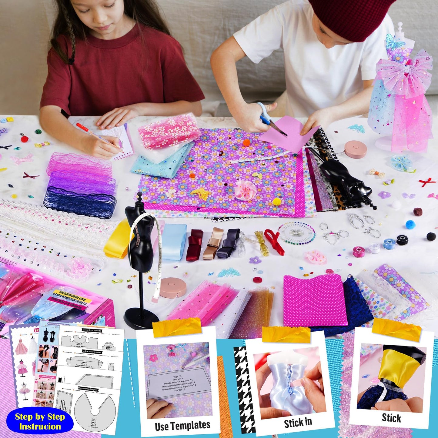 ONE TO FOUR 800+Pcs Fashion Designer Kits for Girls with 6 Mannequins - Girls Fashion Design Craft Kit, Sewing Kit for Kid 8-12, Birthday Christmas Gifts for Teens Girl 6 7 8 9 10 11 12