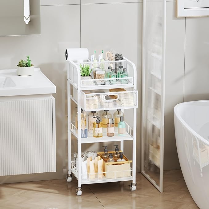 HapiRm Makeup Organizer Storage Cart - 4 Tier Skincare Make Up Storage with Drawer, Rolling Makeup Cart Vanity Organizer Cosmetics Display Cases Holder for Skin Care Perfume Nail Polish Brush