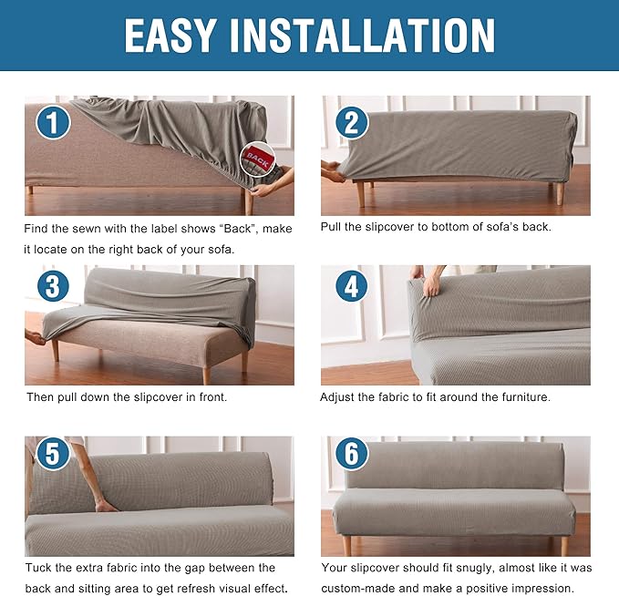 H.VERSAILTEX Armless Futon Cover Stretch Sofa Bed Slipcover Protector Elastic Feature Rich Textured High Spandex Small Checks Jacquard Fabric Futon Cover, Machine Washable, Taupe