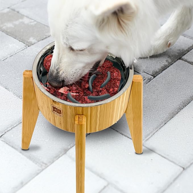 Elevated Dog Bowl with Slow Feeder Insert - (12-inch High) Ideal for Large Dogs - Suitable for Wet or Dry Dog Foods, Stainless Steel and Bamboo