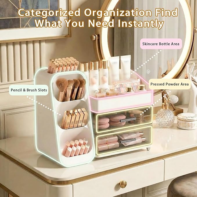 Large Capacity Makeup Organizer Countertop with Makeup Brush Holder for Vanity, Thickened Material, Bathroom Countertop Organizer Skin Care Perfumes Storage, Teen Girl Gifts for 12-23 YearÃ¯Â¼ÂwhiteÃ¯Â¼Â