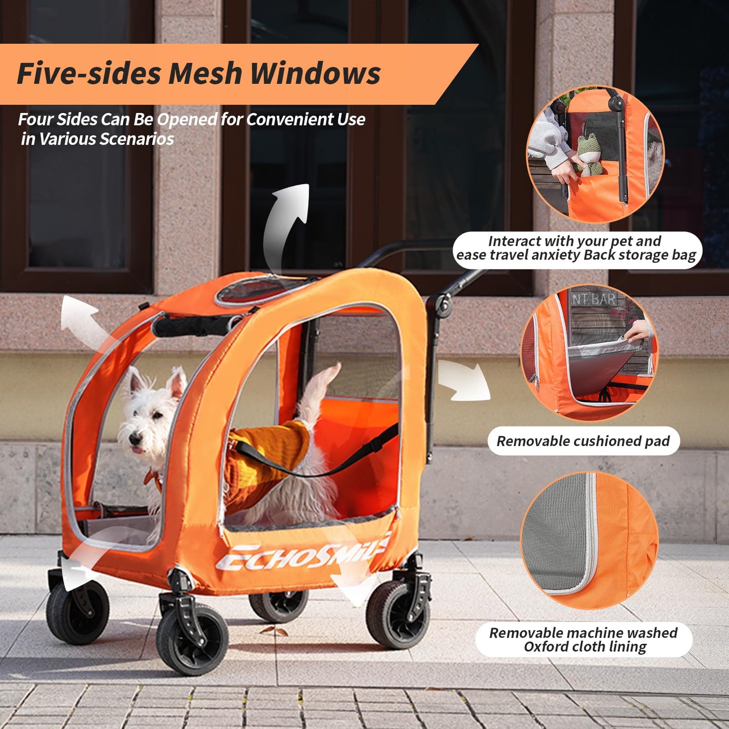 EchoSmile 4 Wheels Pet Stroller, Dog & Cat Stroller for All-Season, Lightweight Carrier with Storage Basket, Adjustable Handle, Removable Pad, Breathable Mesh, Up to 135 lbs, Orange (Orange)