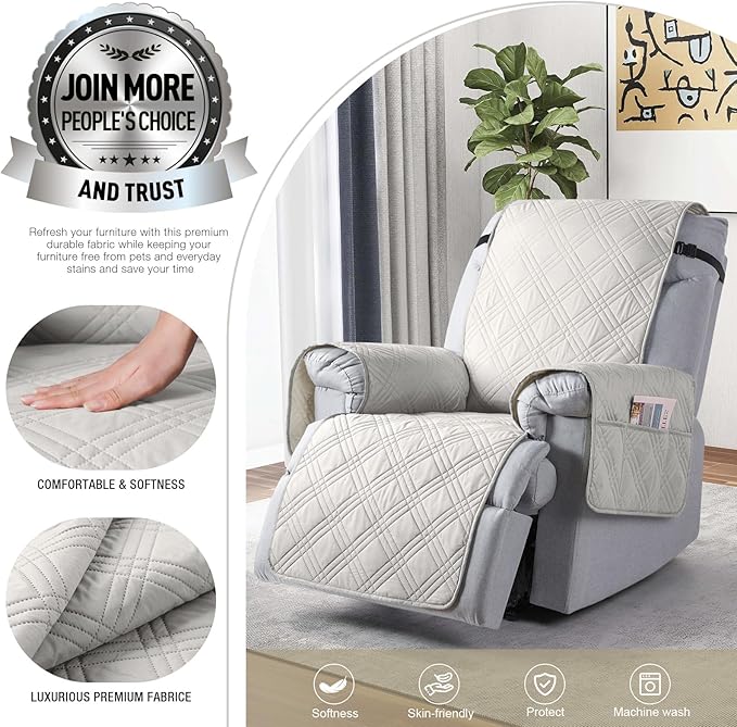 TAOCOCO 100% Waterproof Recliner Chair Cover, Non Slip Recliner Covers for Recliner Chair with Pocket, Washable Reclining Chair Cover Furniture Protector for Kids, Pets(23.6'', Off White)