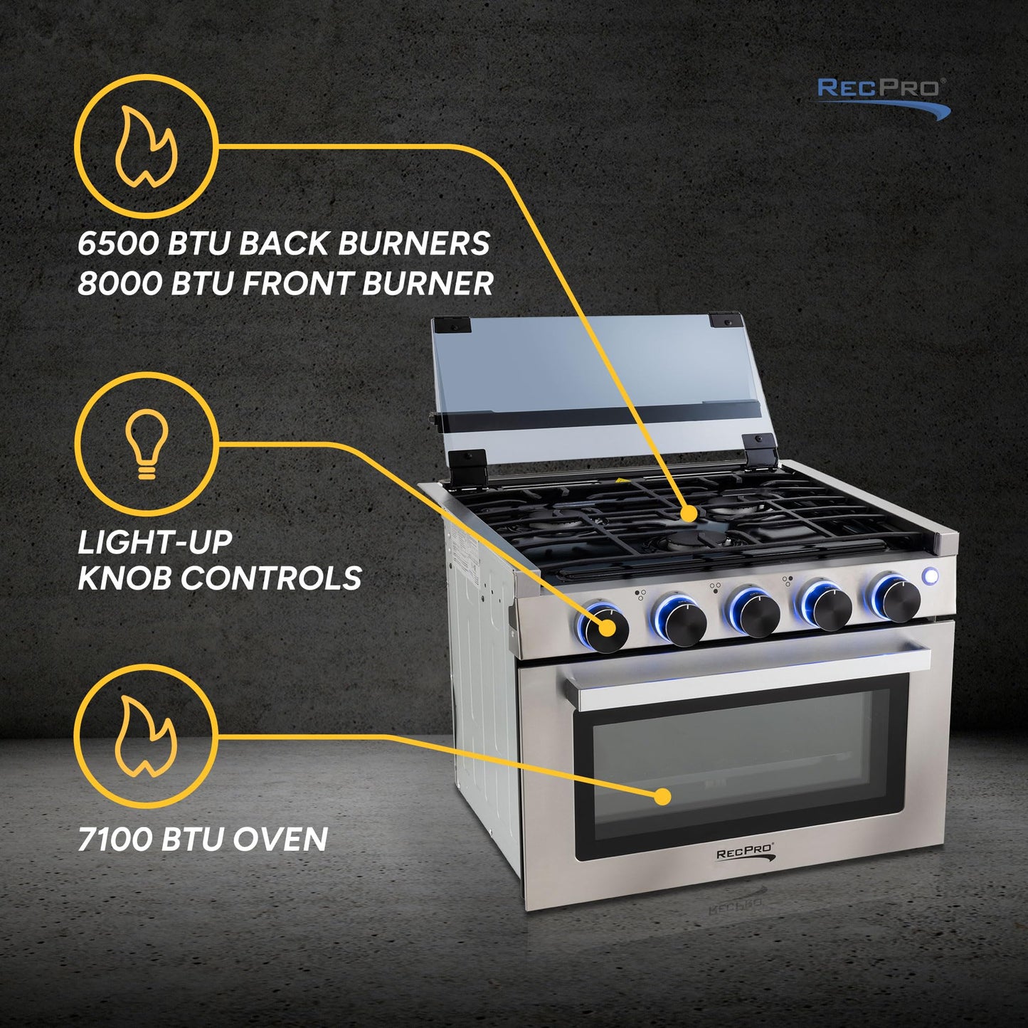 RecPro RV Stove Black Finish | Gas Range 17" Tall | 6500 and 8000 BTU Three Burner | 7100 BTU Oven with 1.24 Cu. Ft. Capacity | Optional Range Hood