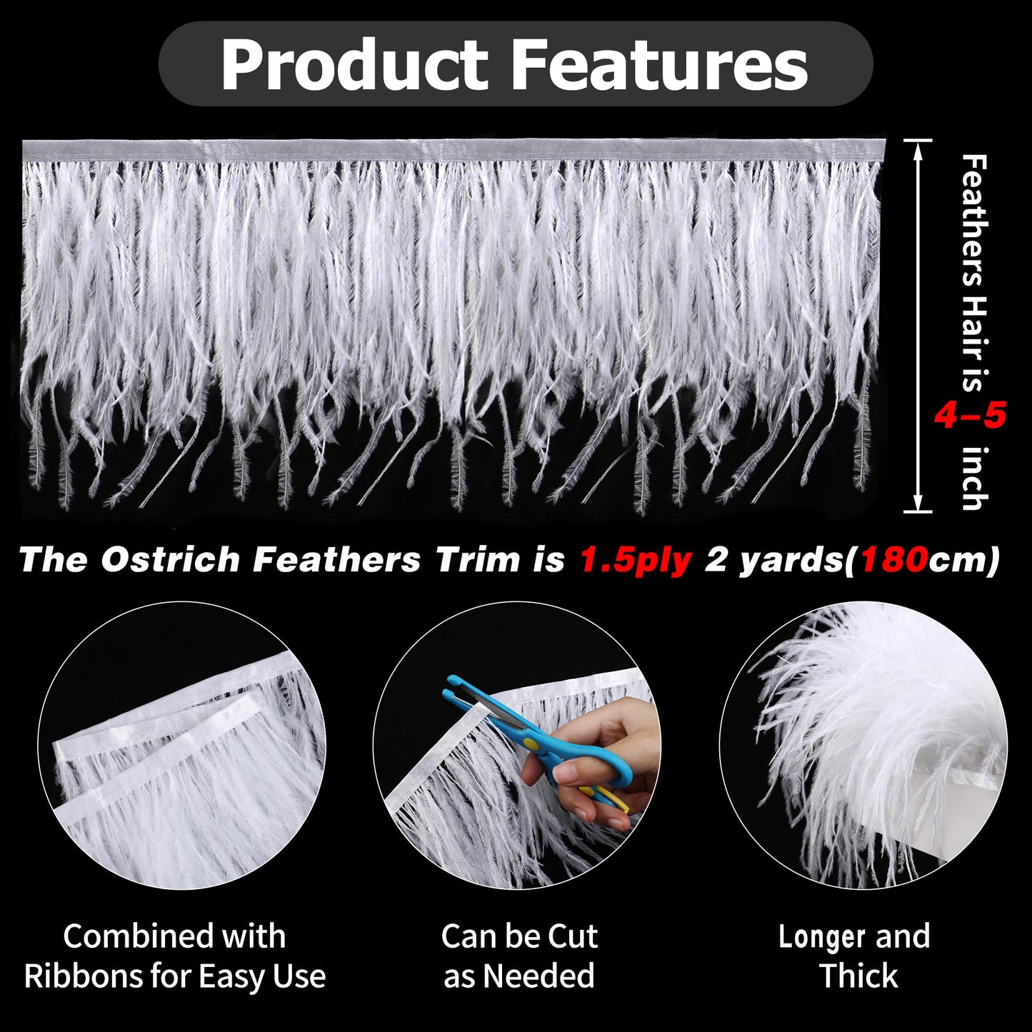 Soarer Light Blue Ostrich Feather Trim - 1.5Ply 4-5Inch 2Yards Feathers Fringe Trim for DIY Sewing Clothing,Halloween Home Party(1.5ply-Light Blue)