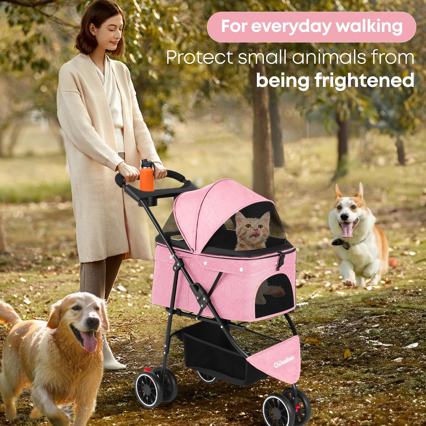 Pet Stroller,Dog Stroller for Small Medium Dogs Cats,3 Wheels,Foldable,with Breathable Mesh Canopy,Cup Holders,Easy Assembly,Pink