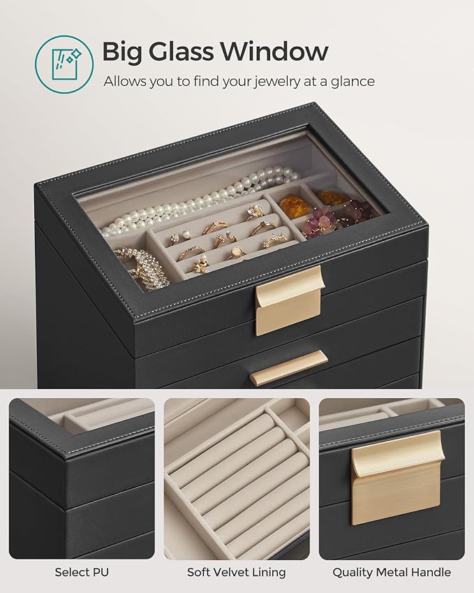 SONGMICS GISELLA Collection - Jewelry Box Organizer, 6-Layer Jewelry Storage with 5 Drawers, Shiny Metal Hardware, Glass Lid, Modern, 6.4 x 9.9 x 11.4 Inches, Ink Black and Gold Color UJBC171B01