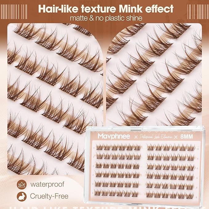 8MM Brown Lash Clusters Short Fluffy Individual Lashes with C Curl & Clear Band, Natural Look for Everyday Wear, Beginner-Friendly - Barely There & "No-Makeup" Makeup Essential
