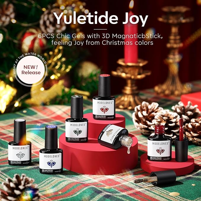 modelones Christmas Gel Nail Polish Set, Winter Cat Eye Red Dark Green Blue Glitter Gold Silver Gel Polish Kit Soak Off Nail Art Manicure Home Gift for Women Girls
