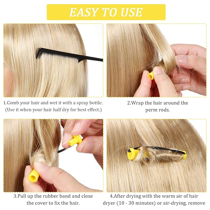 WILLBOND 60 Pcs Short Perm Rods Natural Hair Perm Rods with Elastic Rubber Band Non Slip Plastic Perming Cold Wave Kit for Women Hairdressing Styling Tool(0.28 Inch,Yellow)