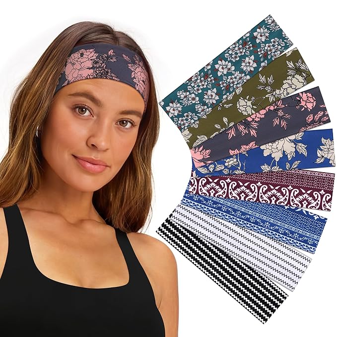 Ztomine 8 Pack Headbands for Women Non Slip - Stylish Sports Hair Bands for Women's Hair - Soft Cotton Cloth Stretchy Headbands for Women for Yoga, Outdoor Exercise Running