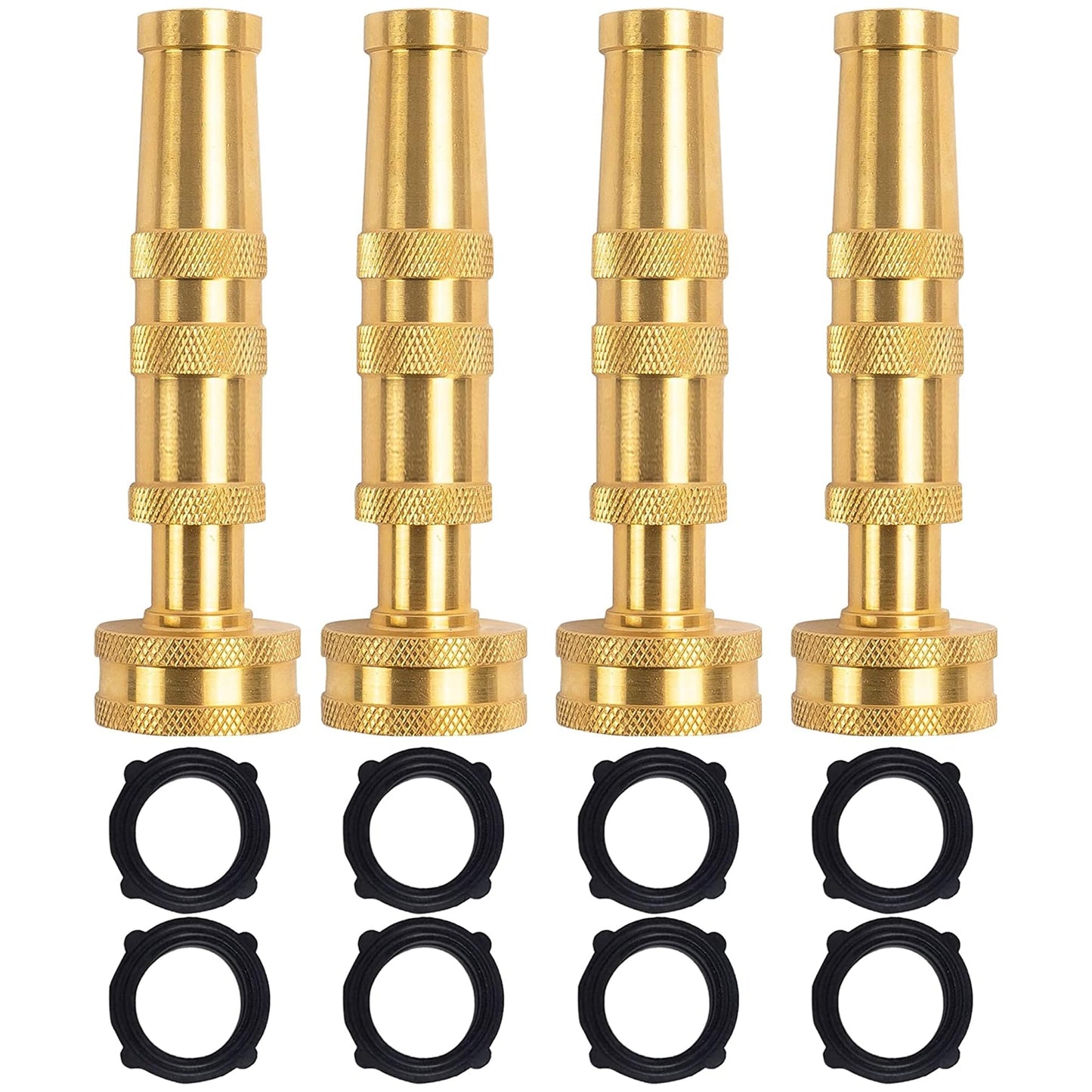 Hourleey Adjustable Twist Hose Nozzle, 4" Heavy-Duty Brass Hose Nozzle with 8 Garden Hose Rubber Washers (4 Pack)