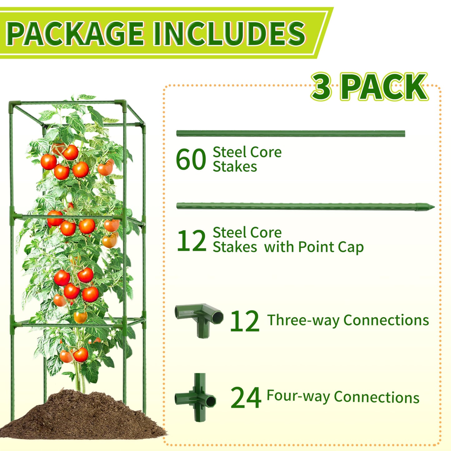 SORANGEUN 3 Pack Square Tomato Cages for Garden - 42 Inch Heavy Duty Tomato Plant Support Stakes, Sturdy Metal Core with Rust-Resistant Coating, Tomato Trellis for Raised Beds