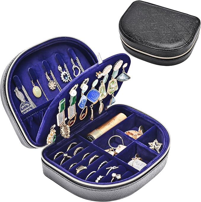 ProCase Travel Size Jewelry Box, Medium Portable Seashell-Shaped Jewelry Case, 2 Layer Mini Jewelry Organizer in PU Leather for Women -Glossy Black