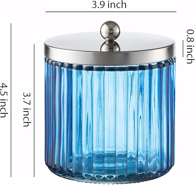 KMwares 2-Pack Glass Bathroom Jars - Blue Stripes Glass with Lids Cotton Ball, Q-Tip, Swab, and Floss Holder - Modern Organizer for Bathroom, Vanity Decorative Countertop Storage (Cobalt Blue)