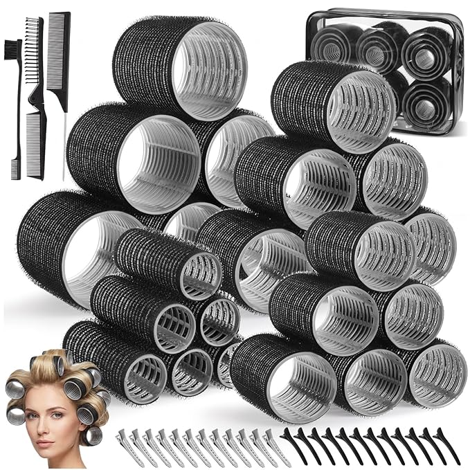 Obeoby 4 Sizes Hair Rollers for Women, Hair Curlers with Clips Comb Curlers for Long Short Curly Hair and Bangs (25, 36, 48, 60mm), Black