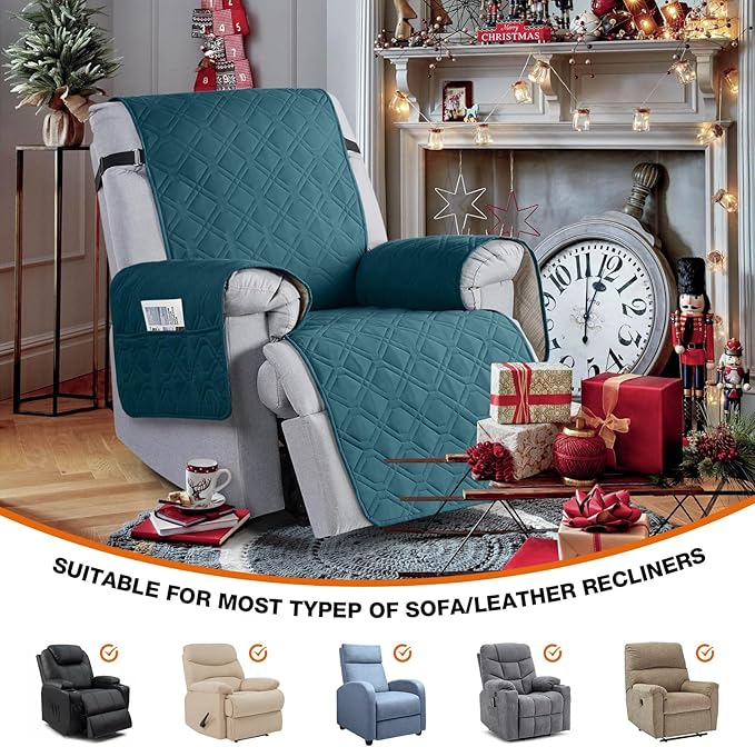 VANSOFY 100% Waterproof Recliner Chair Covers, Recliner Cover Non-Slip Dog Chair Cover Furniture Protector Washable Slipcover with Pocket, Elastic Straps for Pets, Dogs(Peacock Blue, 28")