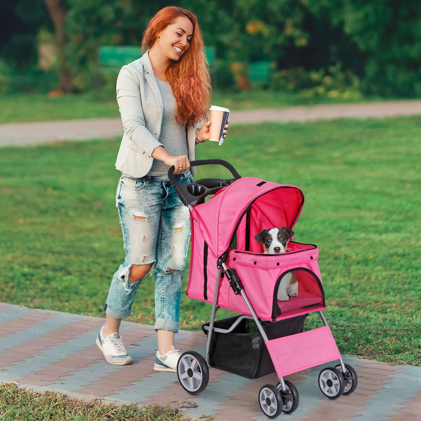 Epetlover 4 Wheels Dog Stroller Folding Pet Strolling Cart for Small Medium Cats Puppies Portable Jogger Travel Camping Puppy Carrier with Storage Basket Cup Holder, Pink