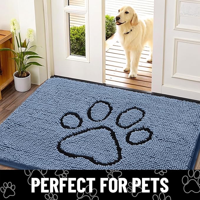 Smiry Dog Door Mat for Muddy Paws, Absorbent Dirt Trapper Non Slip Quick Dry Washable Chenille Mat for Mud Dogs, Entry Rug for Indoor and Outdoor (36x24 Inches, Airy Blue and Black)