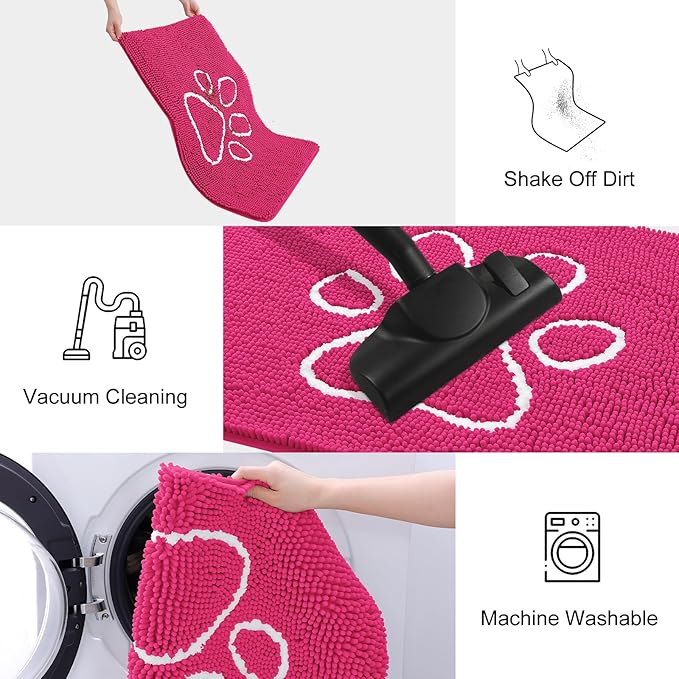 Smiry Dog Door Mat for Muddy Paws, Absorbent Dirt Trapper Non Slip Quick Dry Washable Chenille Mat for Mud Dogs, Entry Rug for Indoor and Outdoor (30x20 Inches, Hot Pink and White)