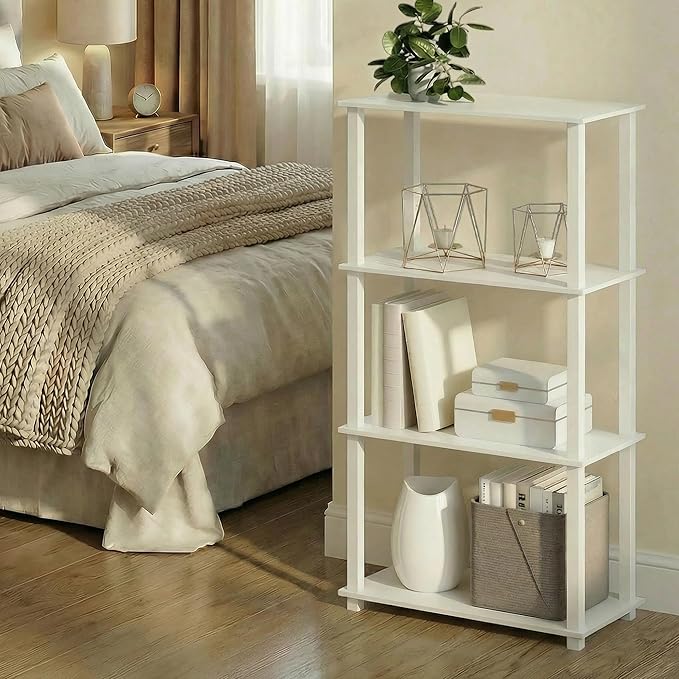 Furinno Turn-S-Tube Storage Shelves, 4-Tier Book Shelf, Corner Shelf, Toolless Open Frame Standing Shelves, for Organization and Storage, Living Room, Garage, Home Office, White