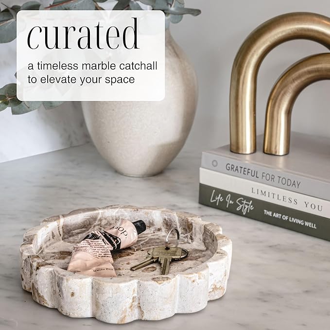 Beige Scalloped Marble Tray - 8 Inch Round Stone Vanity Tray for Perfume & Jewelry, Marble Dish for Bathroom Countertop & Kitchen Counter, Brown Decorative Tray for Bathroom & Kitchen, Modern Catchall