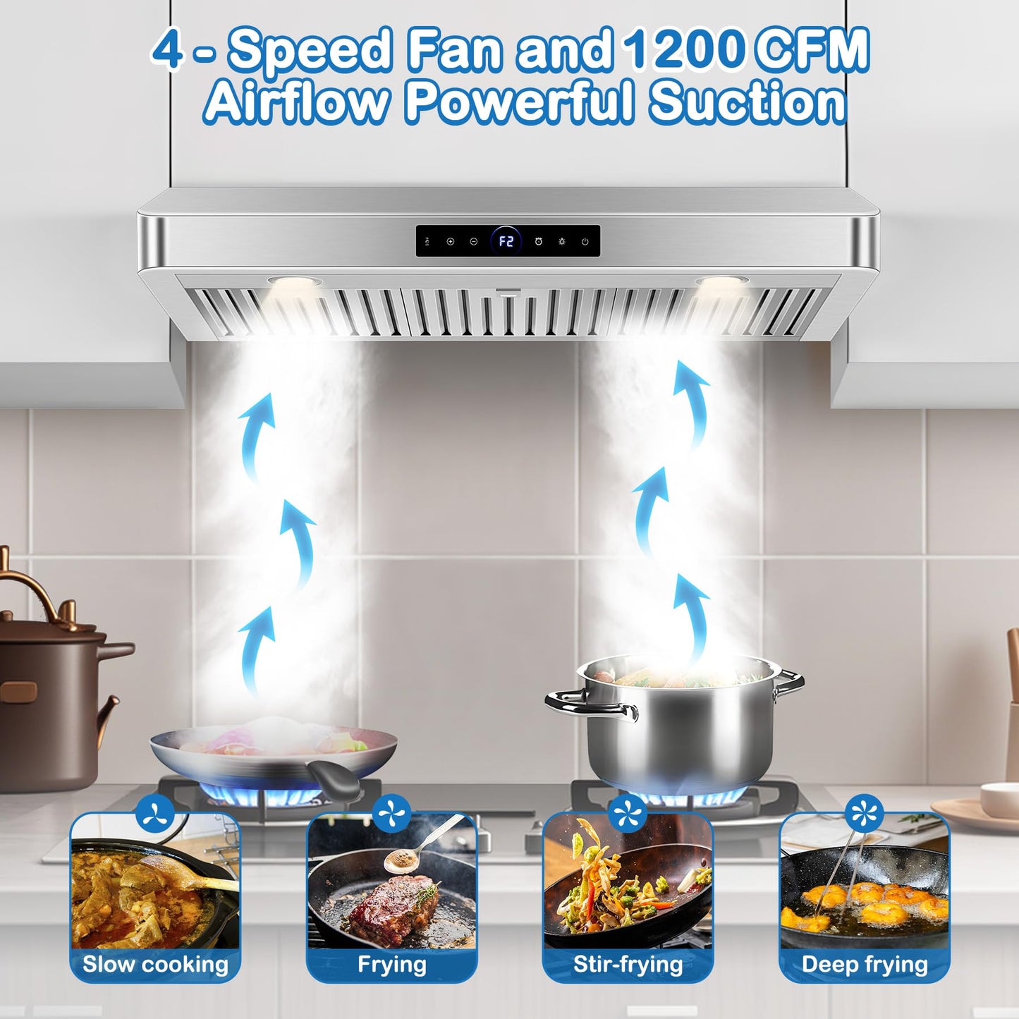 36 inch Under Cabinet Range Hood 1200 CFM with 4-Speed Gesture Sensing & Touch Control, Stainless Steel Kitchen Stove Vent Hoods with 2 LED Lights, Time Setting, Dishwasher-Safe Baffle Filters