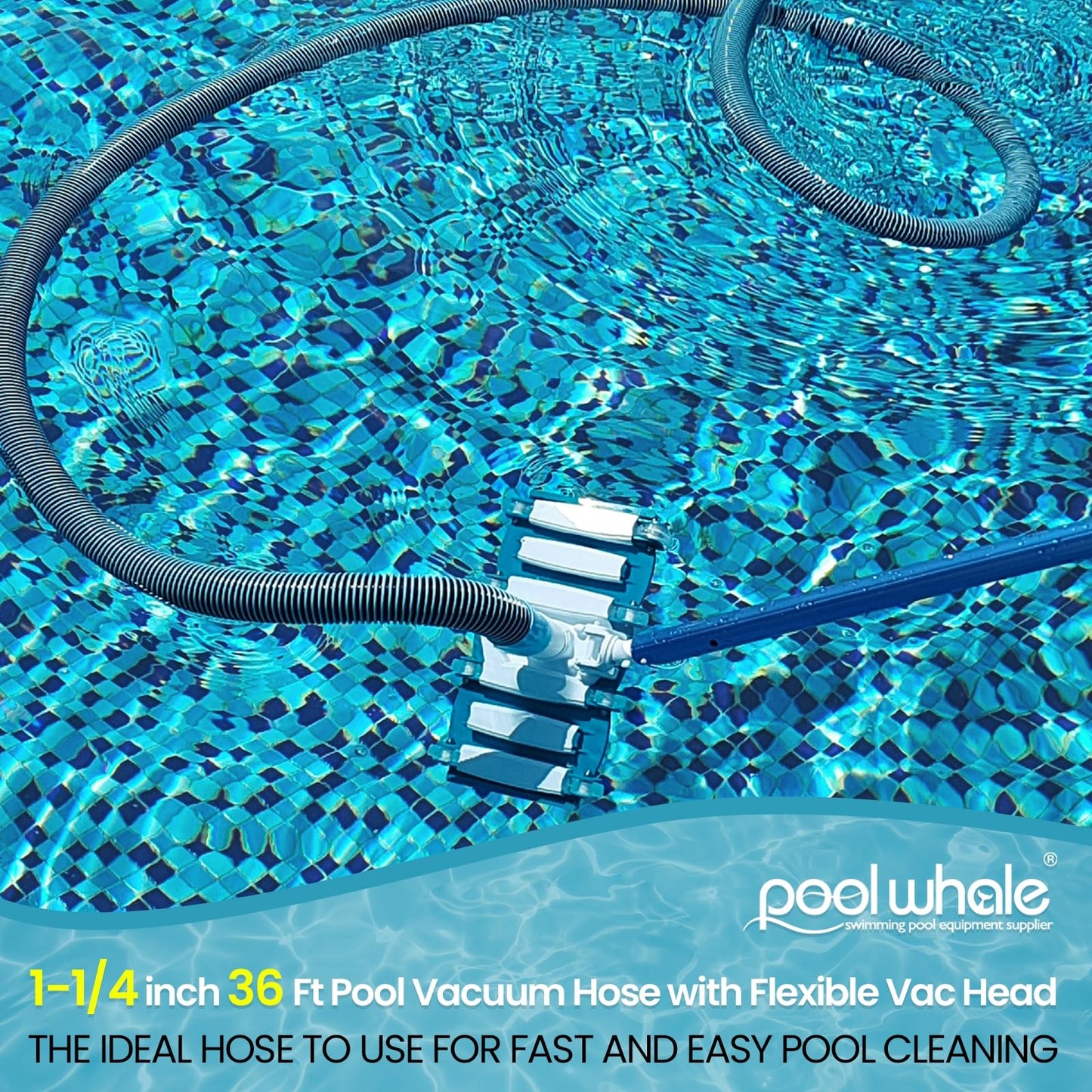POOLWHALE Professional 1-1/2-Inch x 36-Feet Swimming Pool Vacuum Hoses and Weighted Rotatable Handle Vacuum Head with Wheels, Perfect for Above Ground and Inground Pools