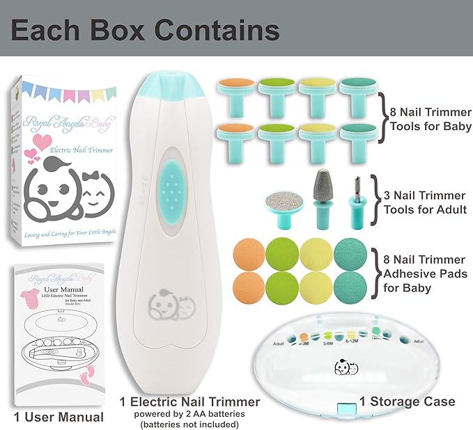 Royal Angels Upgraded 21 in 1 Baby Nail Trimmer with Labeled Case, 13 Extra Replacement Pads, Safe Electric Baby Nail File Kit for Newborn & Toddler, Whisper Quiet Nail Clipper with LED Light (Green)