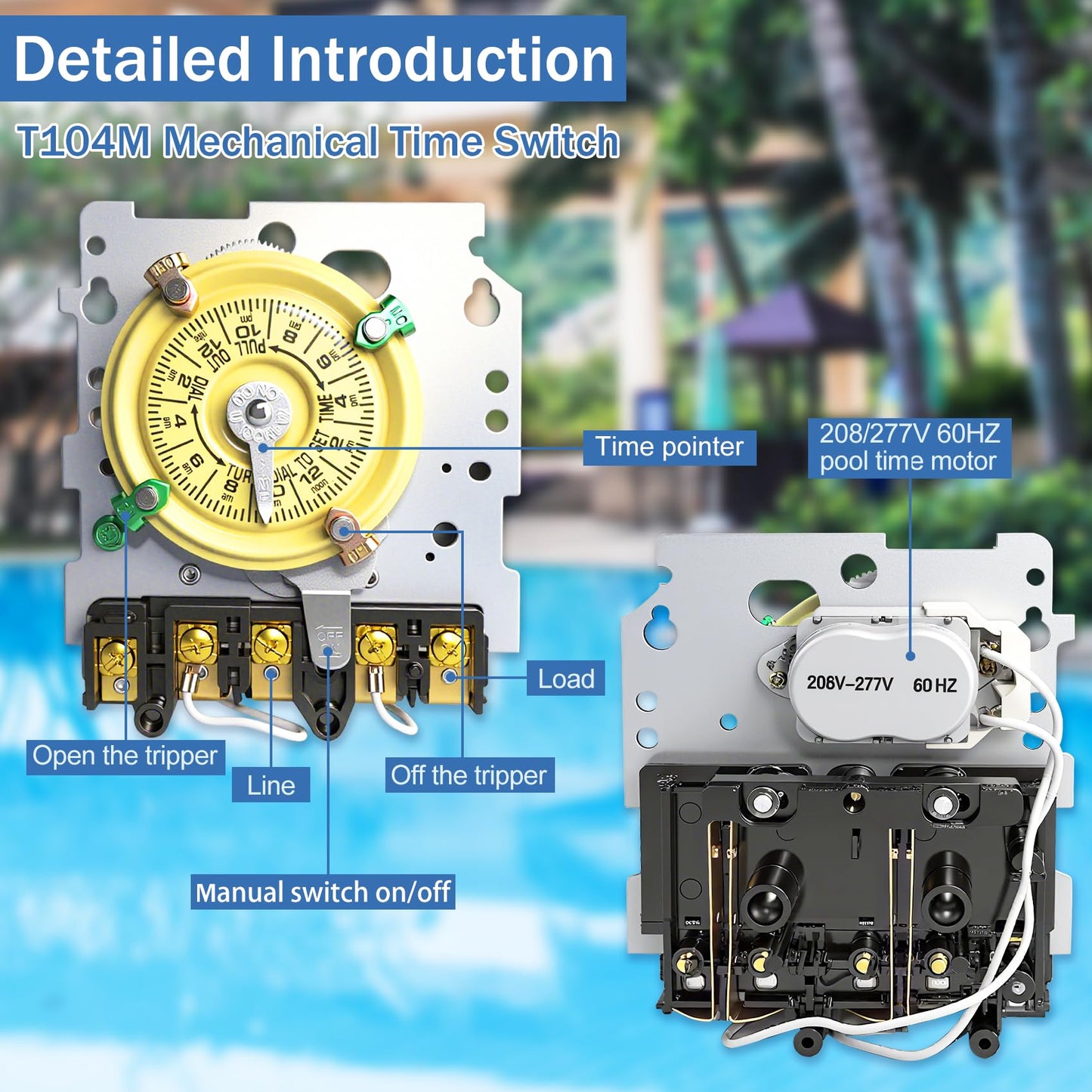 T104M Pool Timer Mechanism Only, Pool Pump Timer, 208-277V 40A Time Switch, 24 Hour 12 ON/Off for Pool Pump, Heavy-Duty Mechanical Time Switches,Time Switch Mechanism Only, 5 Years Warranty