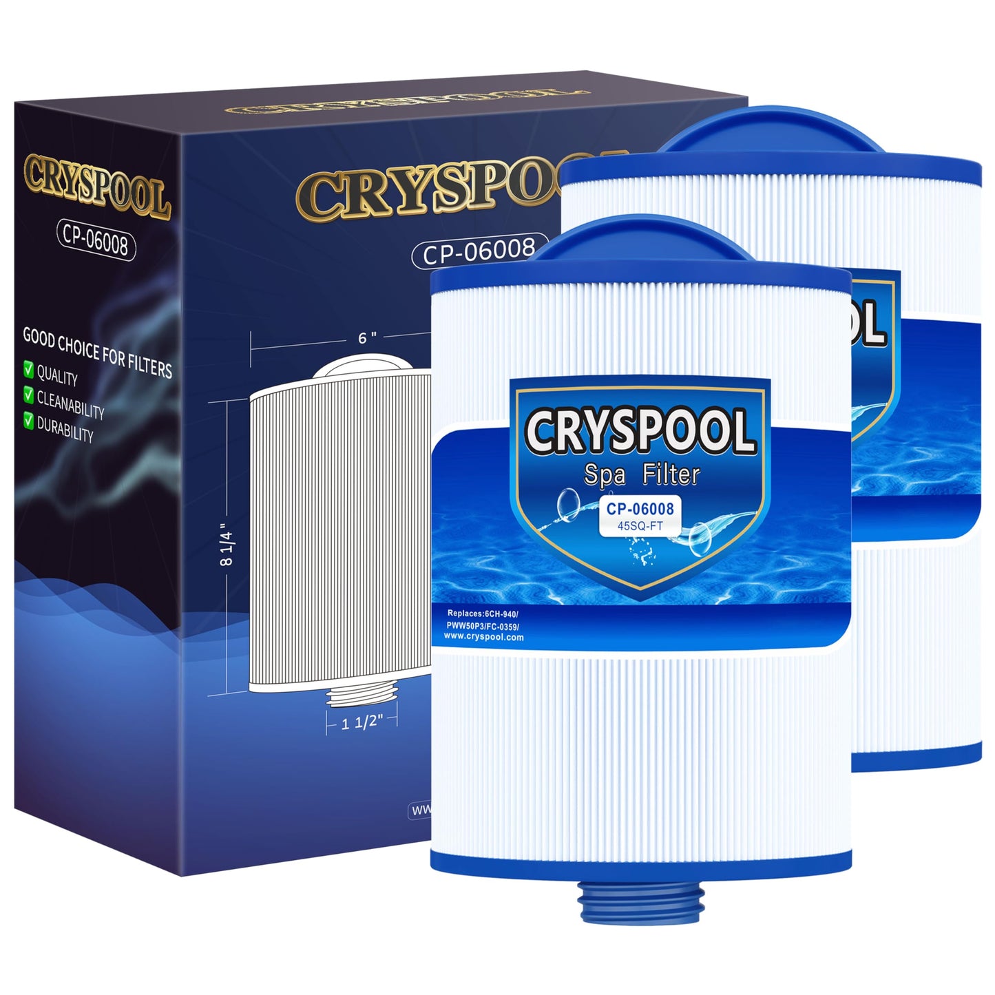 Cryspool® 06008 Filter Compatible with 6CH-940, PWW50P3 (NOT PWW50P4), FC-0359, Viking Spa Hot Tub Filter, 45 Sq. Ft Spa Filter Cartridge, 2 Pack