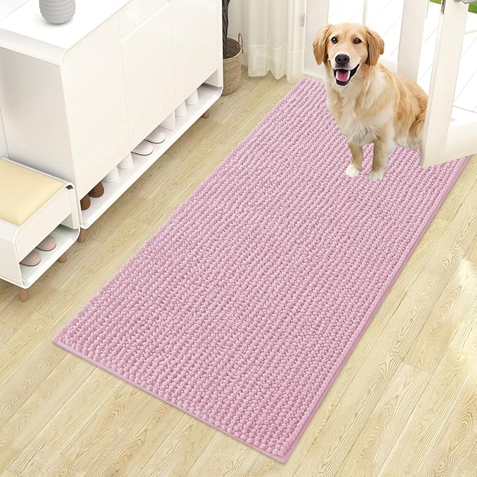 OLANLY Dog Door Mat for Muddy Paws 44x24, Ultra Absorbent Chenille Mud Doormat, Non-Slip Washable and Dirt Trapping Doormat for Indoor Entryway, Quick-Dry Indoor Pet Bed Mats for Dogs, Dusty Rose