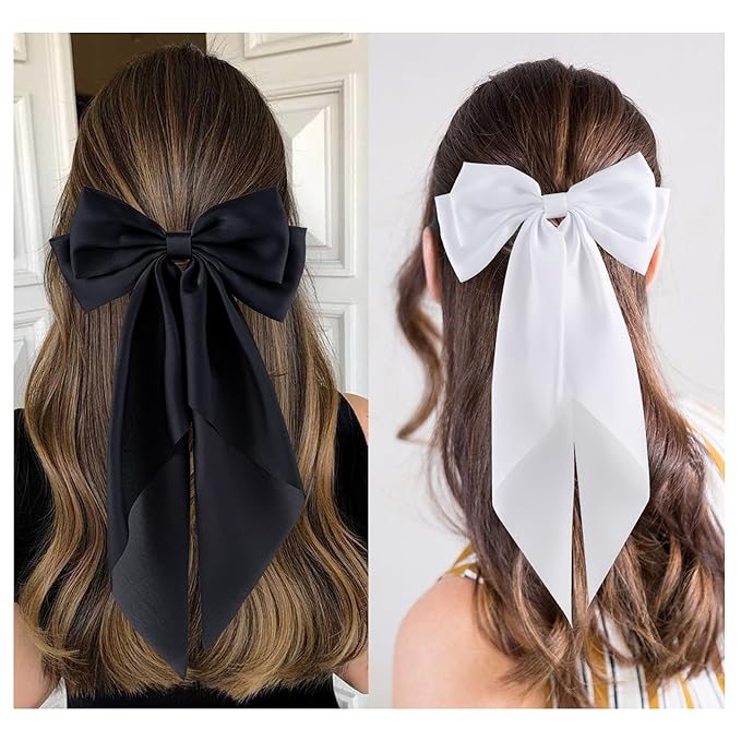 6Pcs Large Bows Hair Clips for Women Girls Long Tail Hair Ribbon Silky Satin Barrettes Coquette Hair Bows Accessories (Black/White)