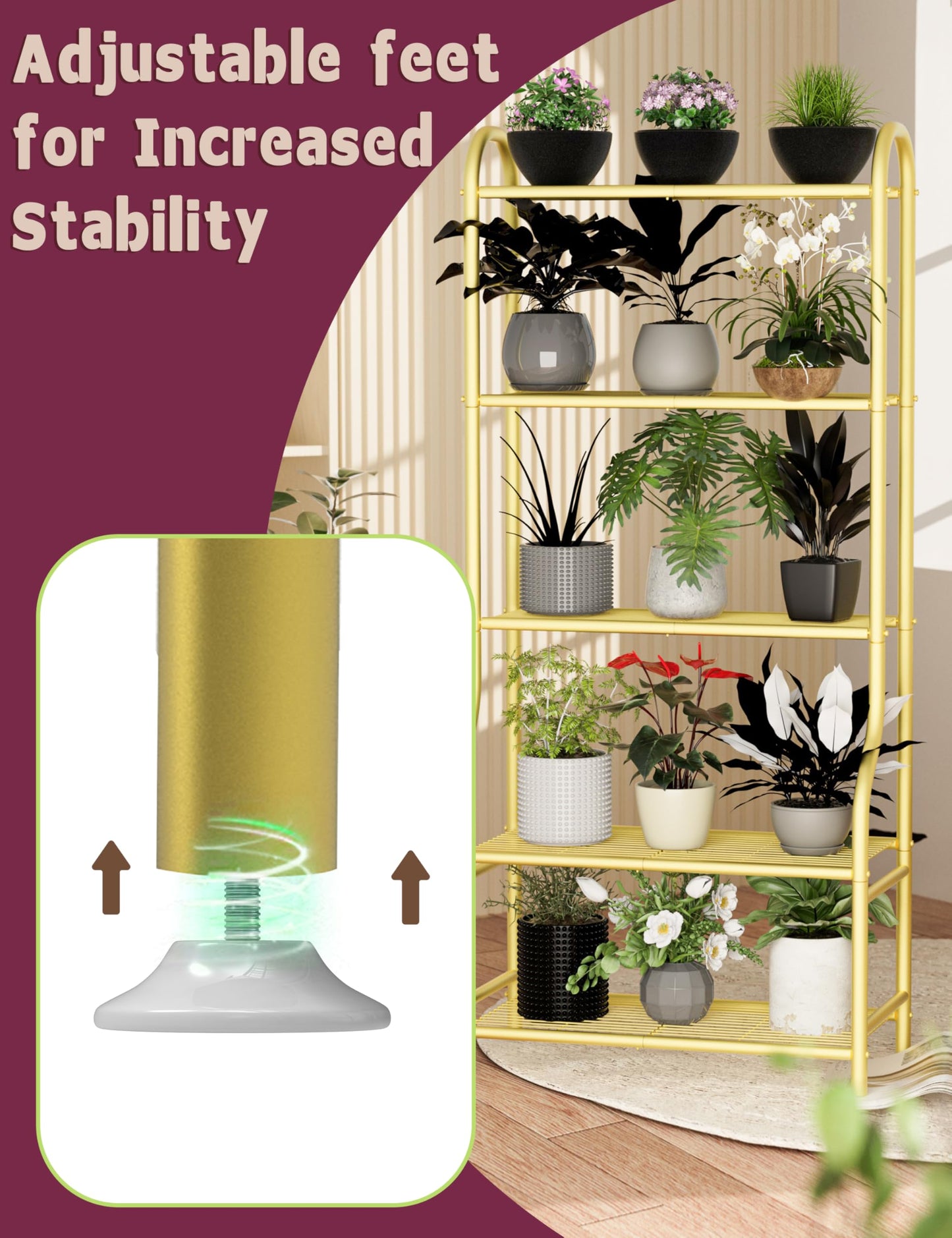 Yutrchey 5-Tier Metal Plant Stand - Heavy Duty Indoor Outdoor Flower Shelf for Multiple Pots, 65" Tall Vertical Holder with Adjustable Leveling Feet & Wall-Fixing Kits, Gold