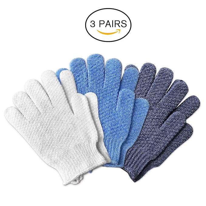 Evridwear Exfoliating Glove for Shower Men and Women, Dual Texture Bath Body Scrub Gloves Dead Skin Cell Remover for Home Spa, Massage,with Hanging Loop (3 Pairs)