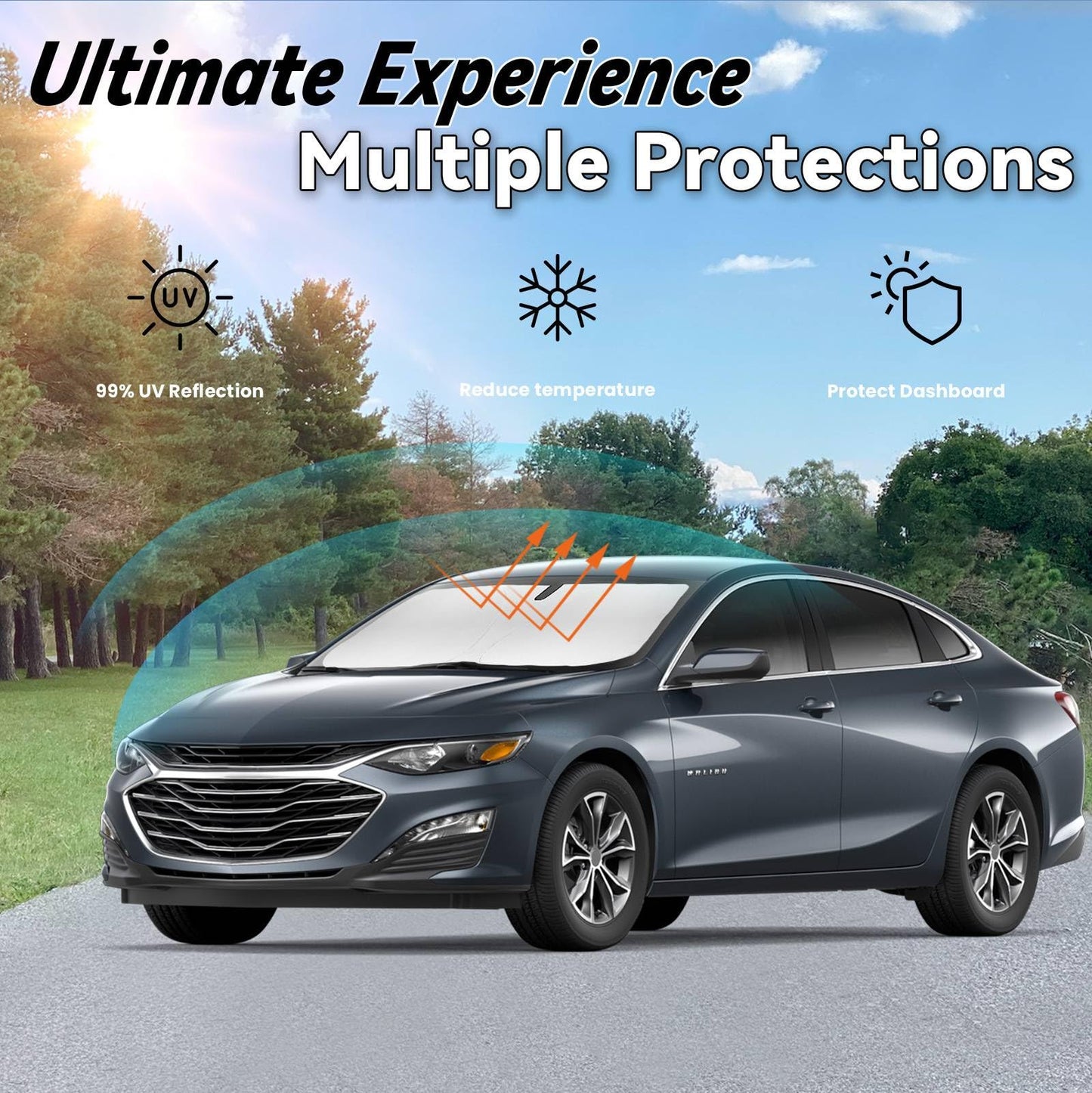 PAIMOHO Windshield Sun Shade for Chevrolet Chevy Malibu 2016-2025, Car Front Window Sunshade with 240T Sun Visor Protector Blocks UV Rays Heat Sun Shield Accessories