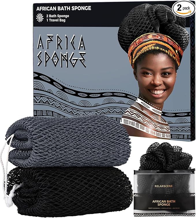 Authentic African Net Sponge - 2 Pieces Exfoliating Body Scrubber Bath Sponge - Back Scrub Washcloth for Shower - Face & Skin Care & Body Exfoliator Bathroom Essentials for Women