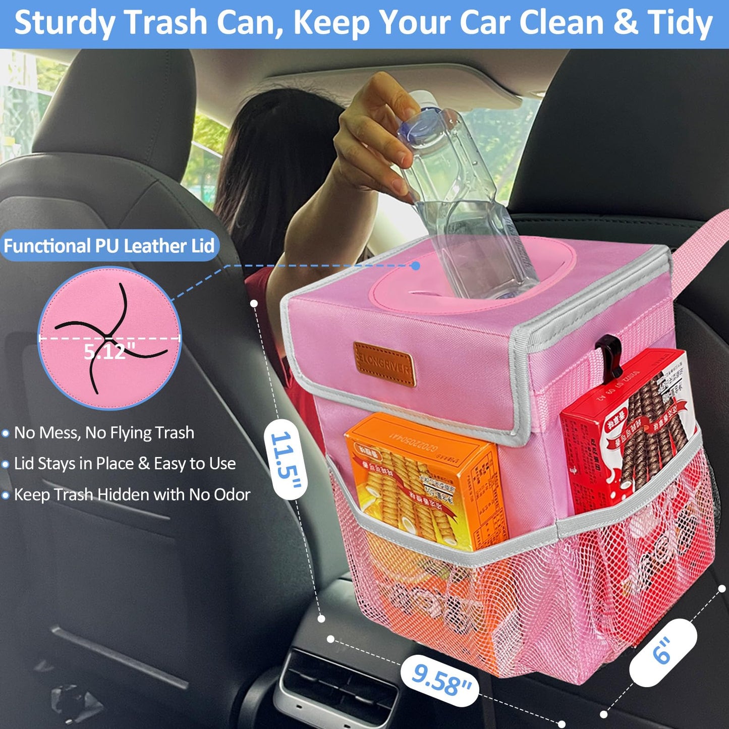 ELONGRIVER Car Trash Can Bin for Back Seat Leak Proof, Cute Car Trash Bag Hanging, Vehicle Trash Can for SUV Truck Van, Automotive Garbage Cans Front Seat Pink