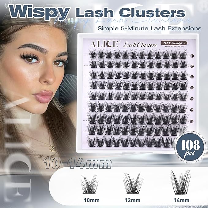 ALICE Lash Clusters Wispy Eyelash Clusters Short 10-14mm Cluster Eyelash Extensions Natural Volume Lash Extensions Thin Band DIY Individual Lashes