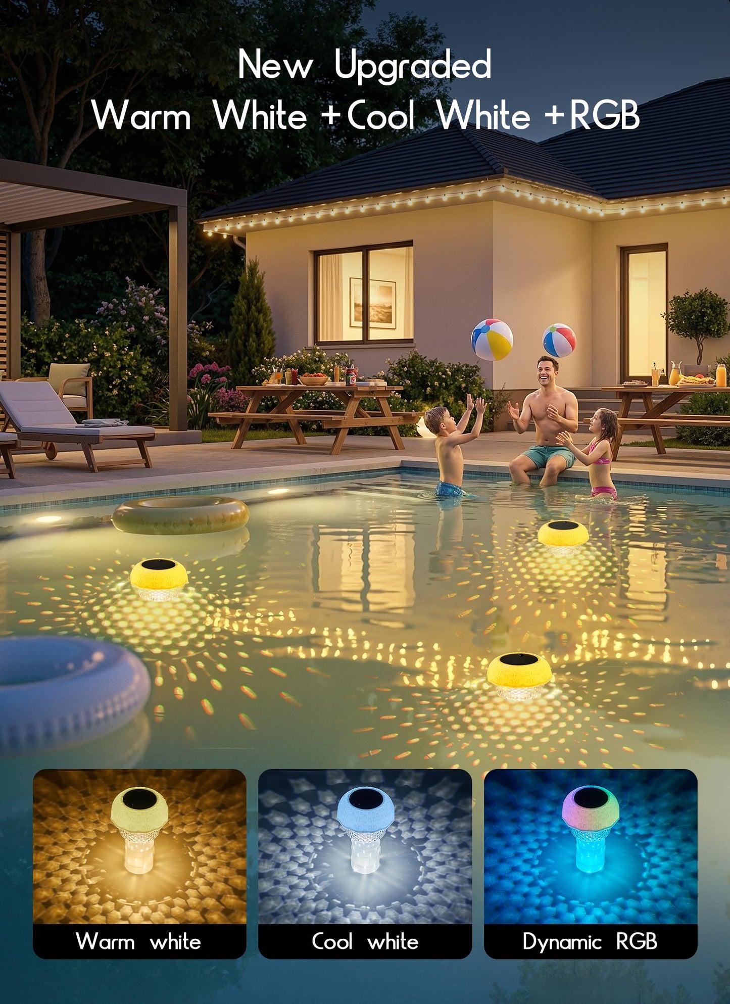 2 in 1 Floating-Pool-Lights-Solar-Powered with Chlorine-Floater, RGBWW-Solar-Pool-Light-Chlorine-Dispenser with 20+ Light Effects, Remote Control, IP68 Waterproof Light for Pools, Hot Tubs, Parties