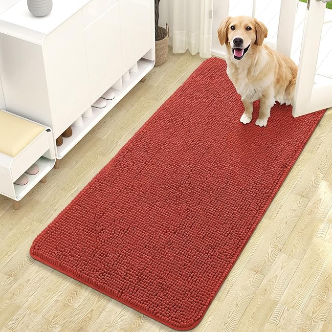 OLANLY Dog Door Mat for Muddy Paws 47x24, Absorbs Moisture and Dirt, Absorbent Non-Slip Washable Doormat, Quick Dry Chenille Mud Mat for Dogs, Entry Indoor Entryway Carpet for Inside Floor, Maple Red