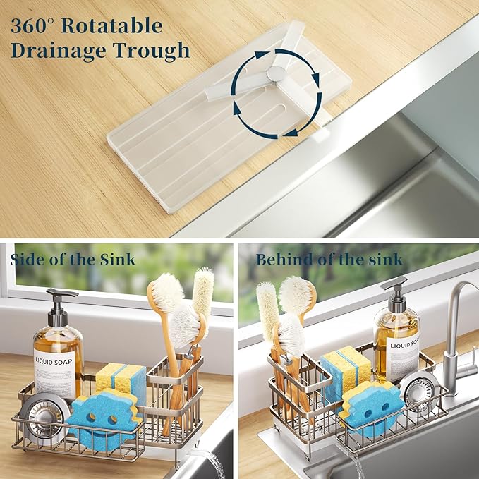 Consuemst Sponge Holder for Kitchen Sink - Auto Draining Sink Caddy Organizer with Detachable Rack, High Brush Holder, Kitchen Countertop Storage Accessories, Sand Nickel