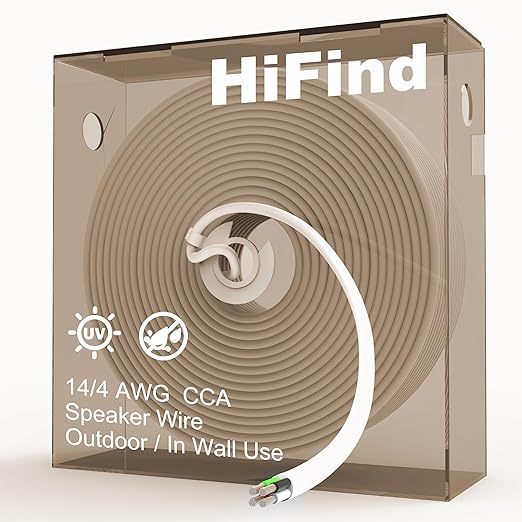 HiFind 14/4 Gauge AWG Outdoor Speaker Wire Bulk 100 FT With Easy Pull Box, LLDPE UV Resistant Low Voltage CCA 4 Conductors Cable, CL2 In-Wall Burial for Home Theater,Car Audio,Automotive,Trailer-White