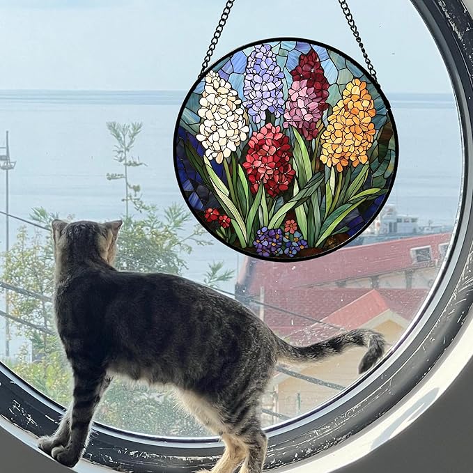 DASTOLL Stained Glass Window Hanging, Colorful Hyacinth Flowers Suncatcher for Doors Window Home Plant Sun Catchers Decoration Mother's Day Birthday Gifts for Women, Men, and Mom 15x15 in